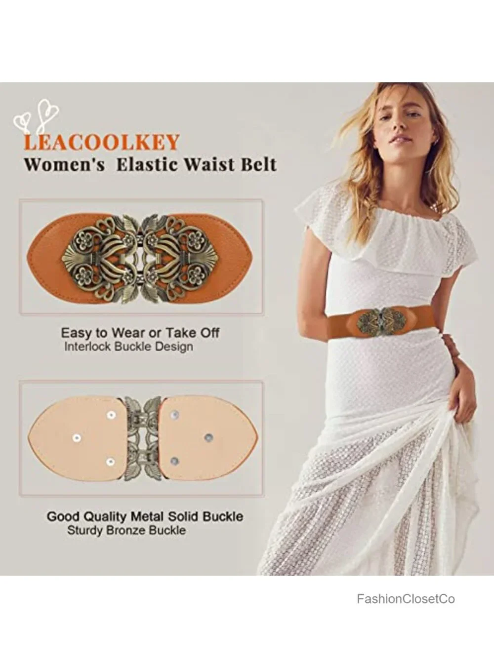 Wide Stretch Waist Belt for Dresses, Vintage Interlocking Buckle, High Elastic